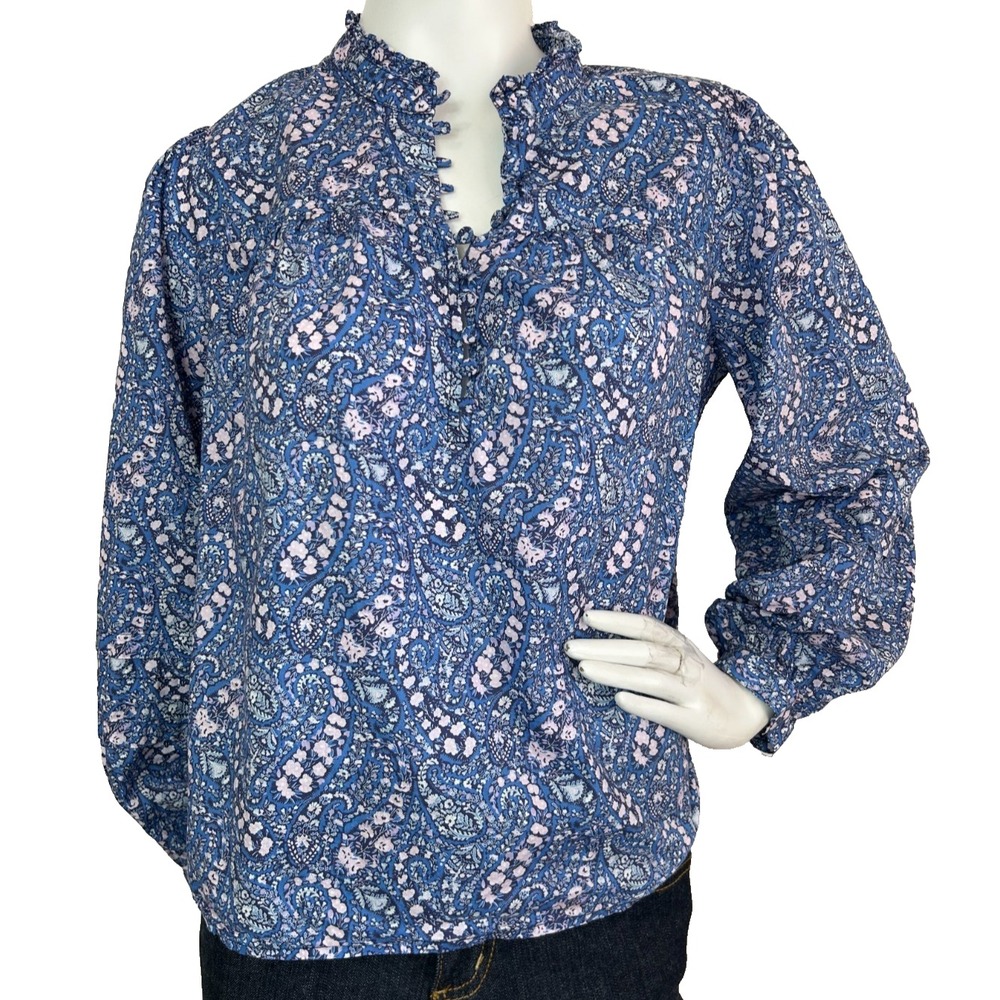 J Crew Liberty Print Top S Blue Cotton Ruffle Neck Poet French Girl Blouse Boho